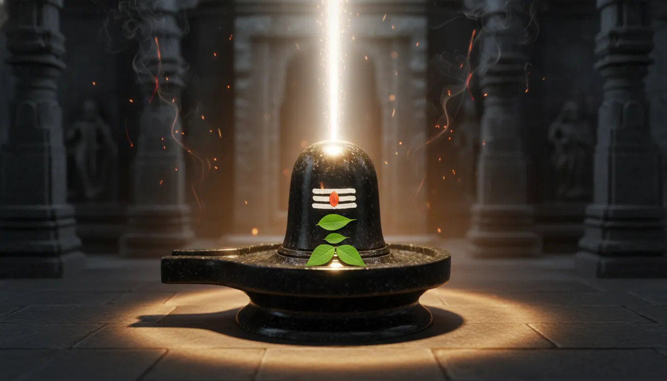 Shiva Lingam Mahadev full screen photo with a brilliant cosmic light burst and offerings of Bel Patra leaves.