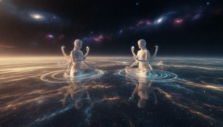 Divine meditating figures resting on a glowing ocean of stardust under a vast sky of galaxies