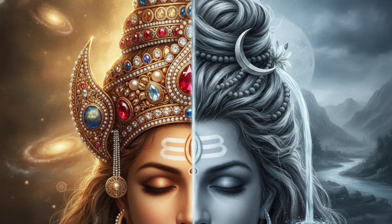 A detailed symmetrical illustration of Harihara’s head showcasing a golden crown fused with an ascetic hair bundle.