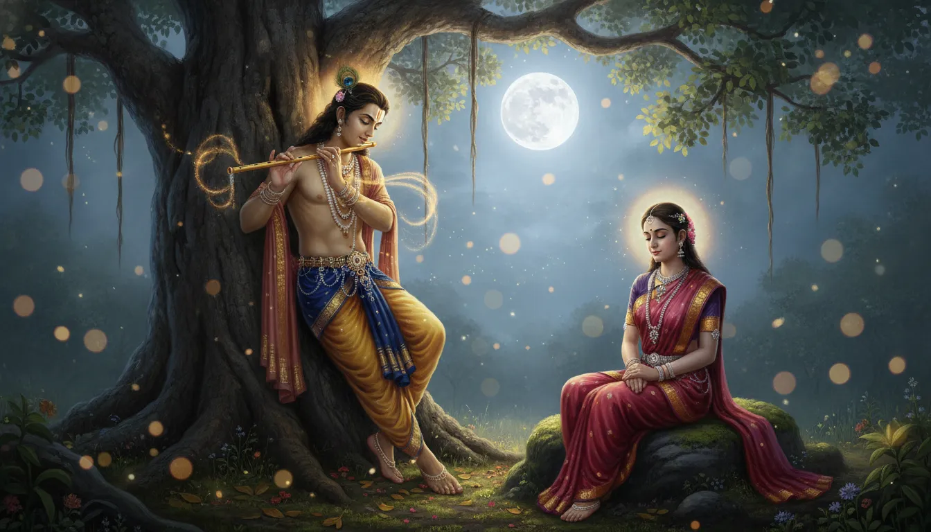 Divine male figure playing a flute for his partner under a moonlit tree.