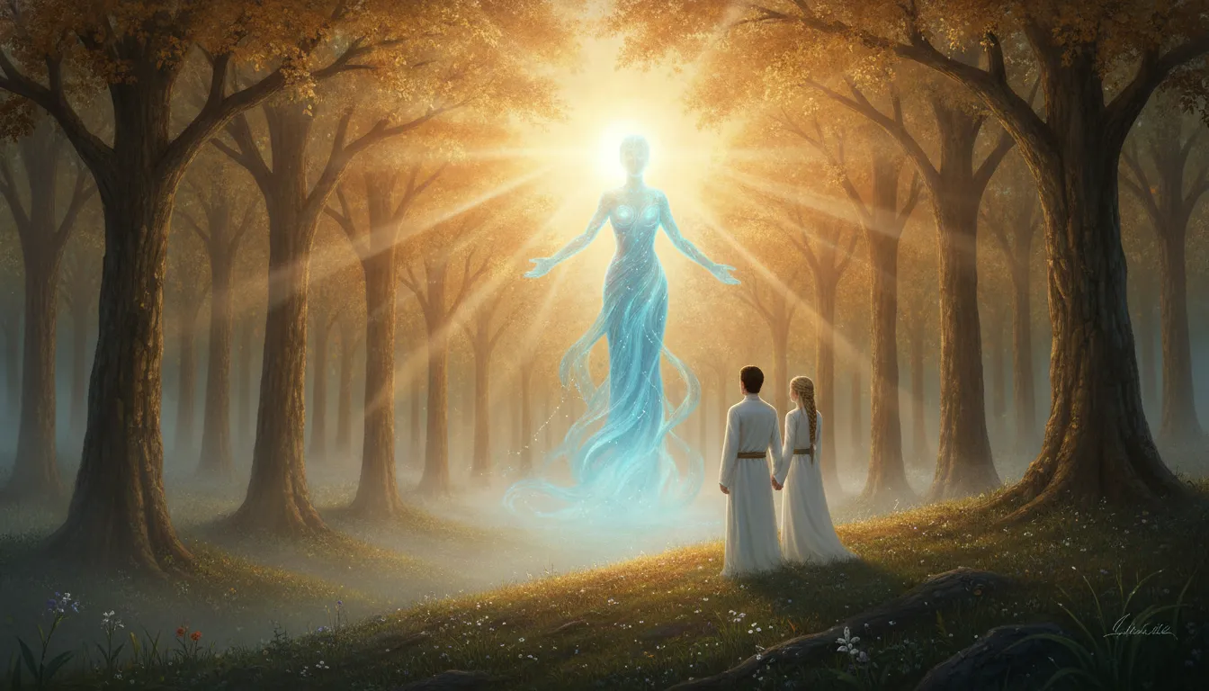 Sunrise breaking through a golden fantasy forest illuminating a blue-skinned spiritual guide and a woman.