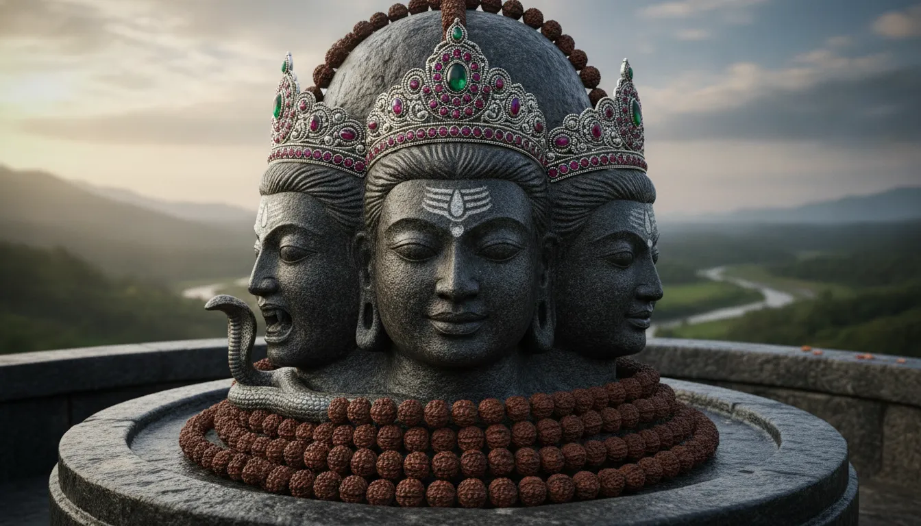 Panoramic upward view of the five-faced Pashupatinath Shivling Nepal surrounded by offering trays and gold ornaments