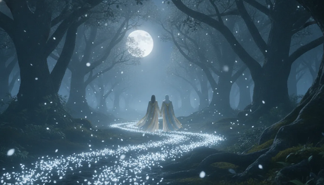 Divine couple walking on a path covered in glowing moonlit petals.