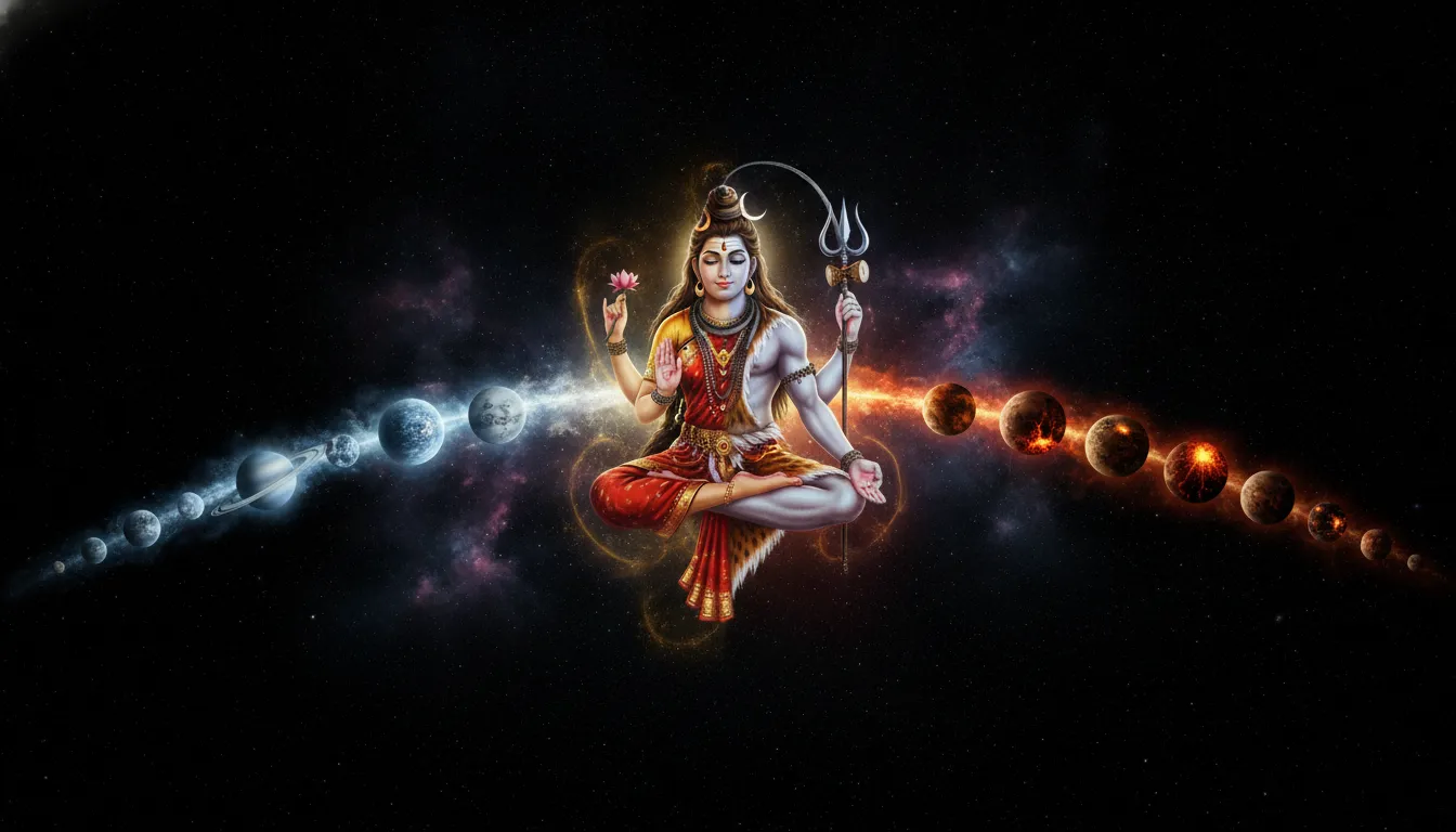 Meditative Ardhanarishvara surrounded by aligned planets in deep space