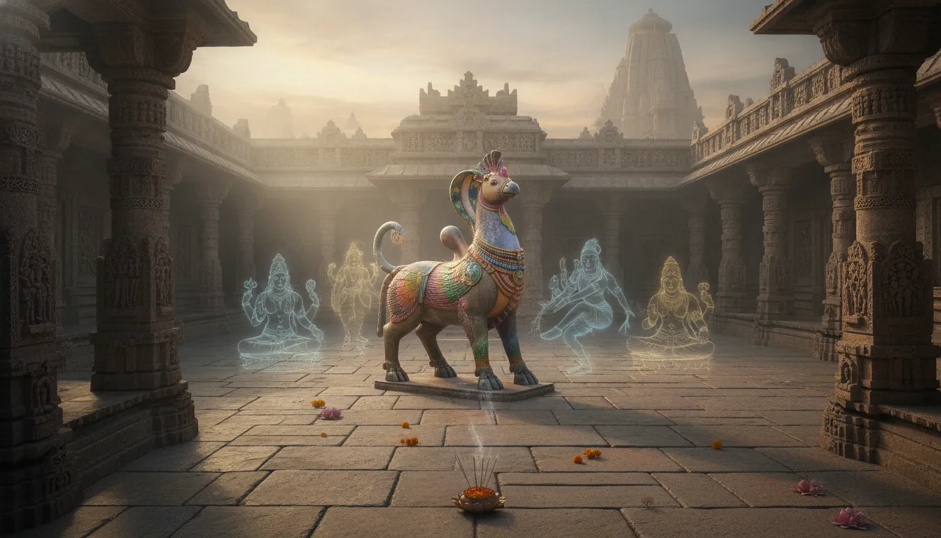 The mythical composite deity standing on the sacred banks of a glowing river at dusk.