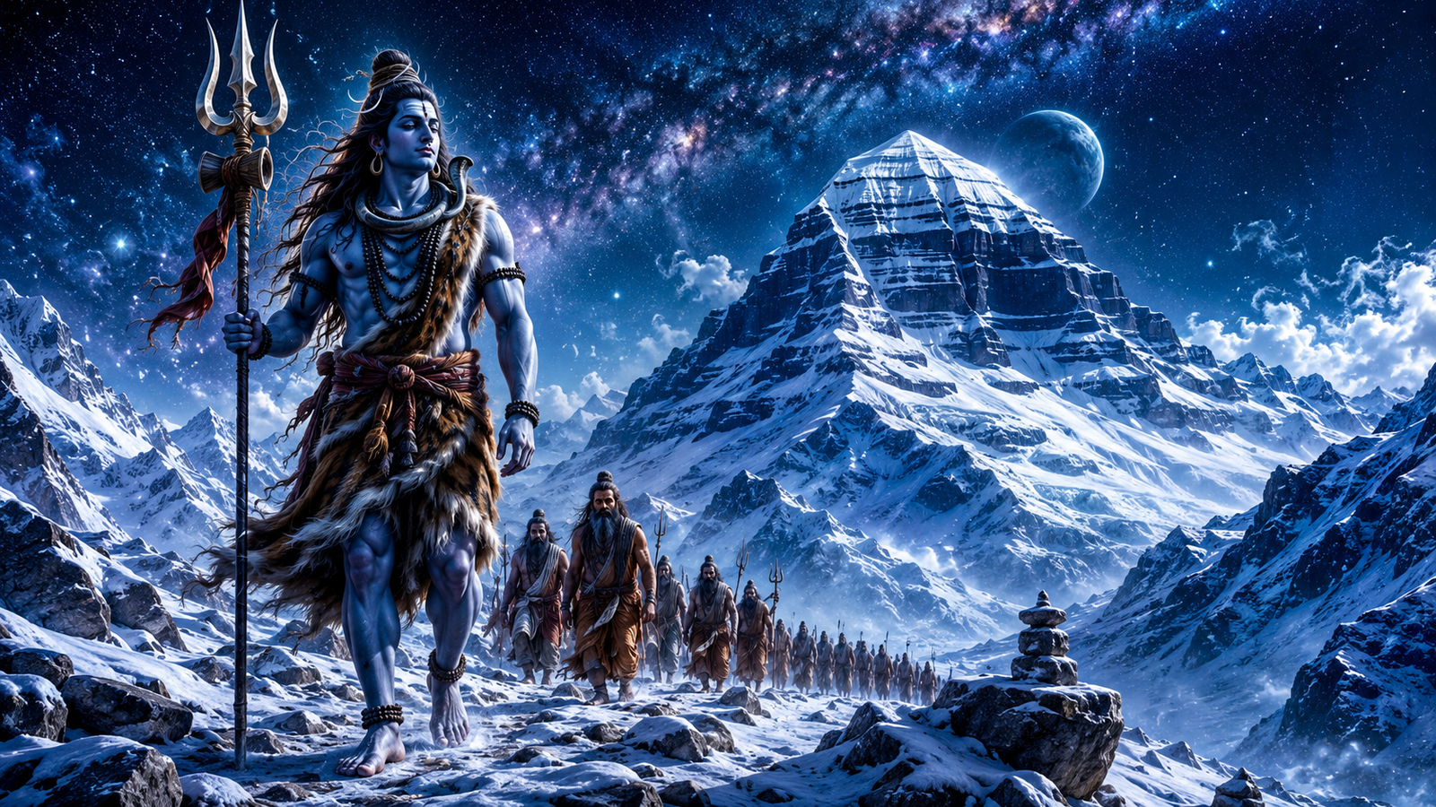 Lord Shiva walking over snowy mountain paths followed by snow-covered ascetics.