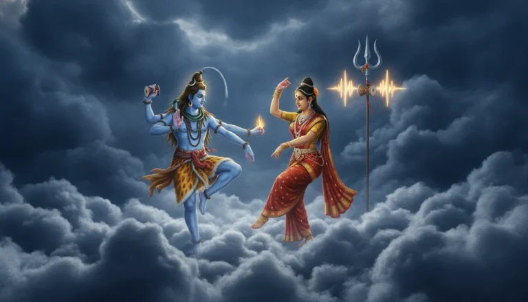 Detailed depiction of Shiva and Parvati dancing in deep blue celestial clouds