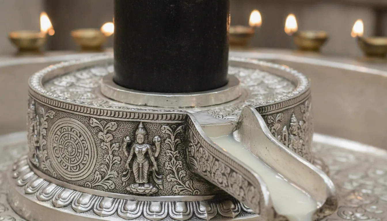 Detailed view of the intricately carved silver base and yoni of the Pashupatinath Shivling in Kathmandu temple