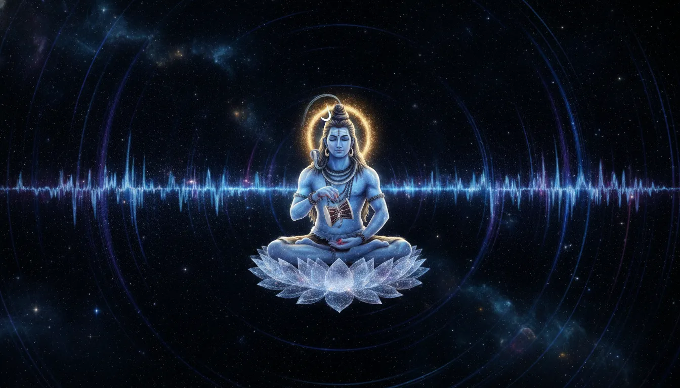 Lord Shiva playing the Damru drum, creating visible energy waves across space and stars.