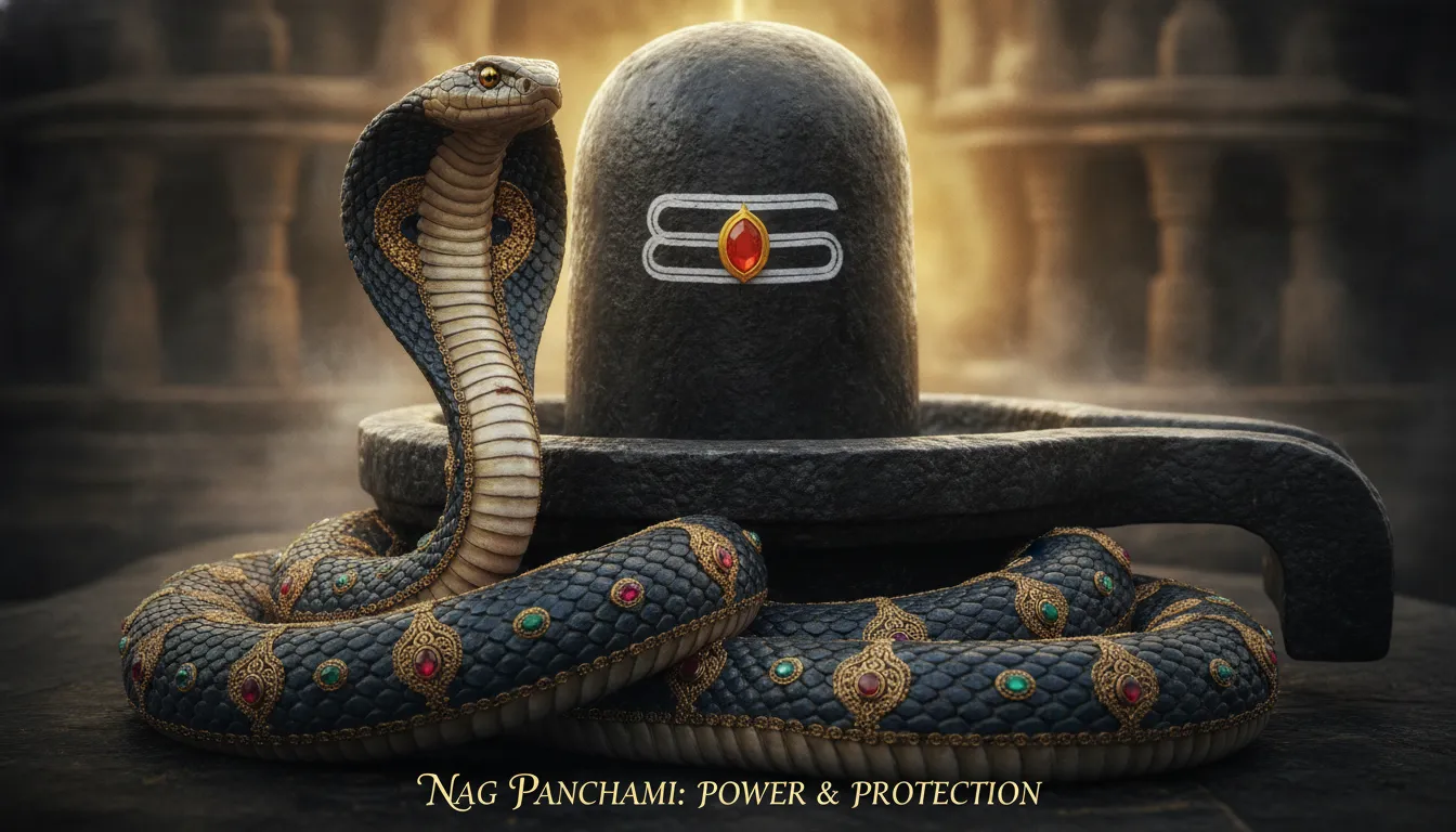 A focused photograph showcasing the intricate details of the snake draped around the neck of a sculpture of Lord Shiva, with a central Shivalinga visible in the background, signifying power, protection, and transformation.