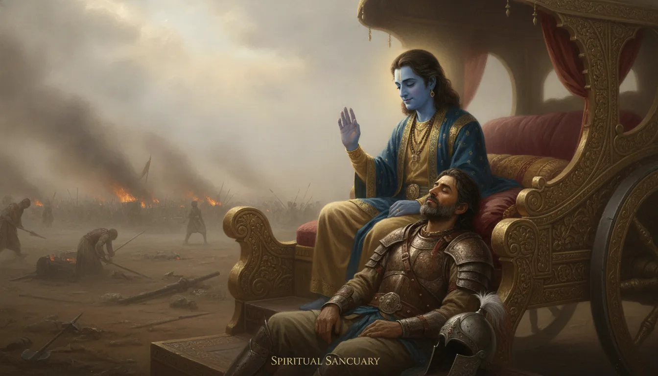 Peaceful artwork of a divine blue-skinned figure and a resting warrior on a chariot during a pause in battle.