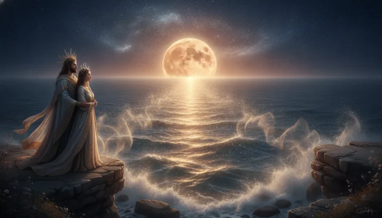 Divine couple standing on a beach with the moon rising over the ocean.