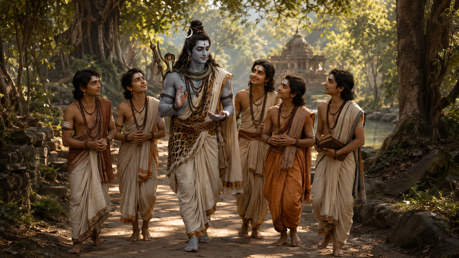 Lord Shiva as a young guru walking and talking with young Vedic students under a large tree.