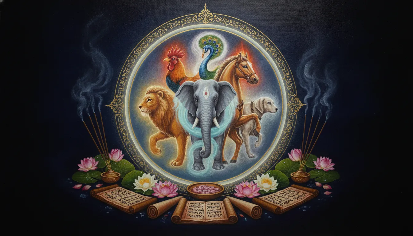 An allegorical painting displaying the Navagunjara avatar surrounded by sacred symbols and offerings.