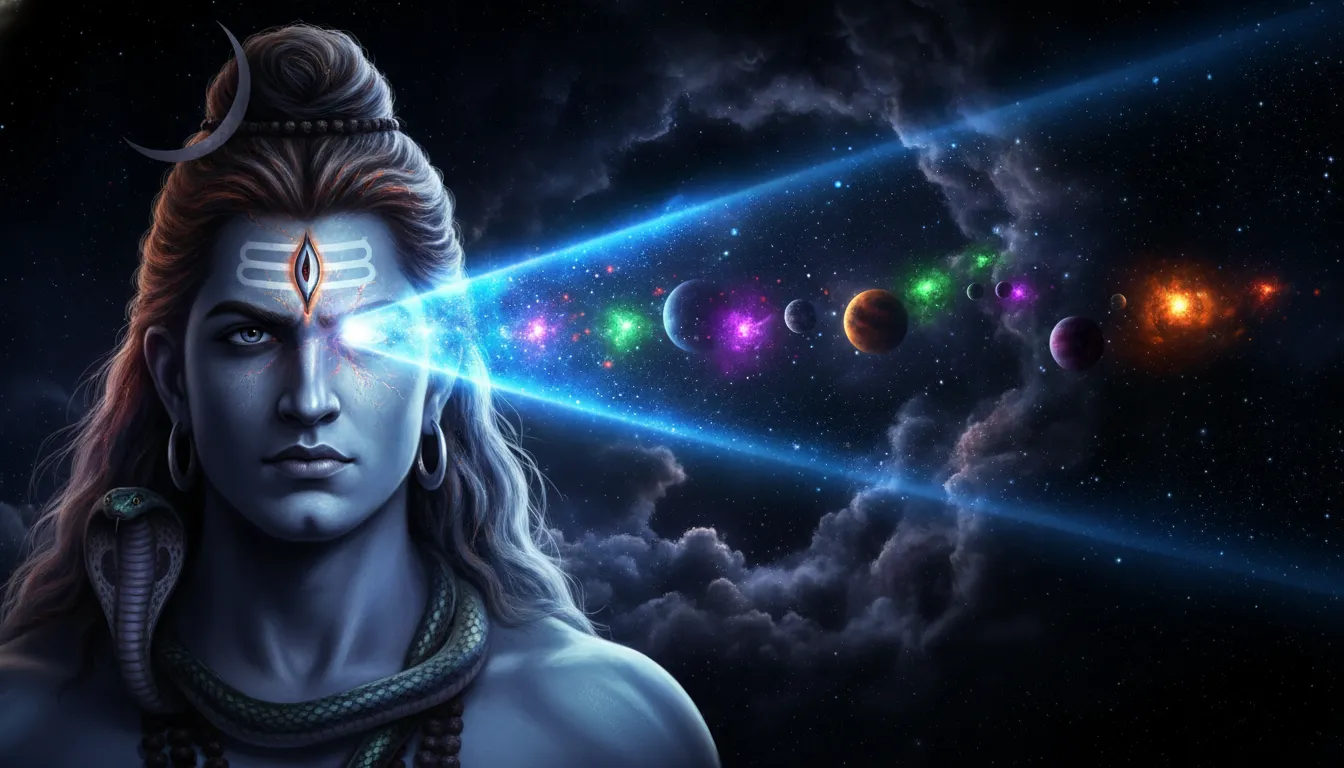 Lord Shiva opening his third eye to shoot a bright blue laser beam of star energy into space.