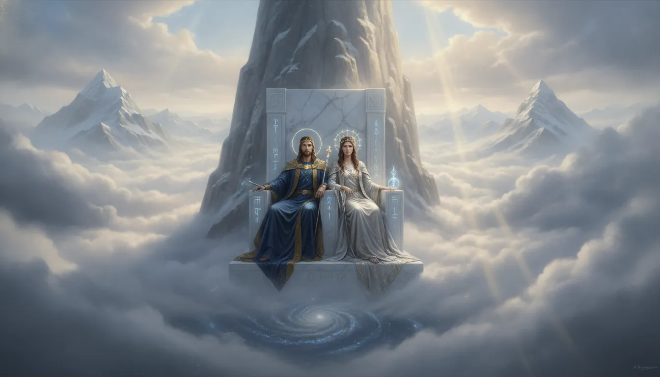 Majestic divine couple resting on a white marble throne built into a high mountain above the clouds