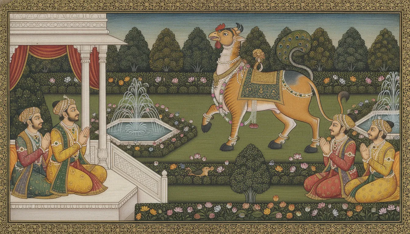 A classic Indian miniature style painting depicting the Navagunjara form before a royal court.