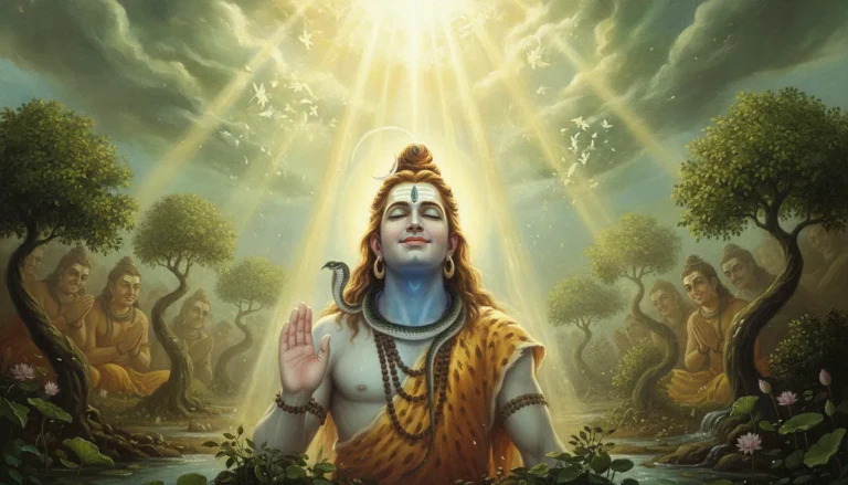 Lord Shiva looking up at the sky as golden light returns to the universe after drinking poison.
