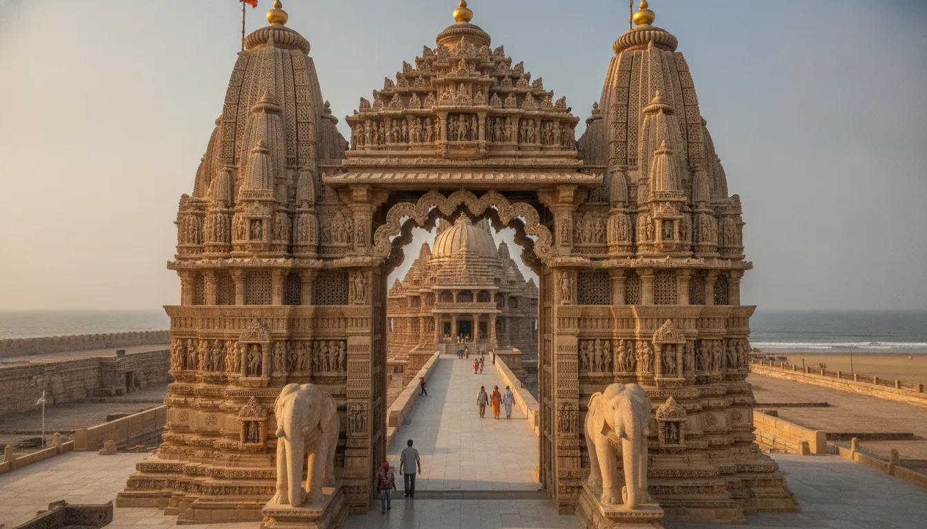 The majestic carved doorway opening into the inner sanctum where the revered Somnath Shivling resides.