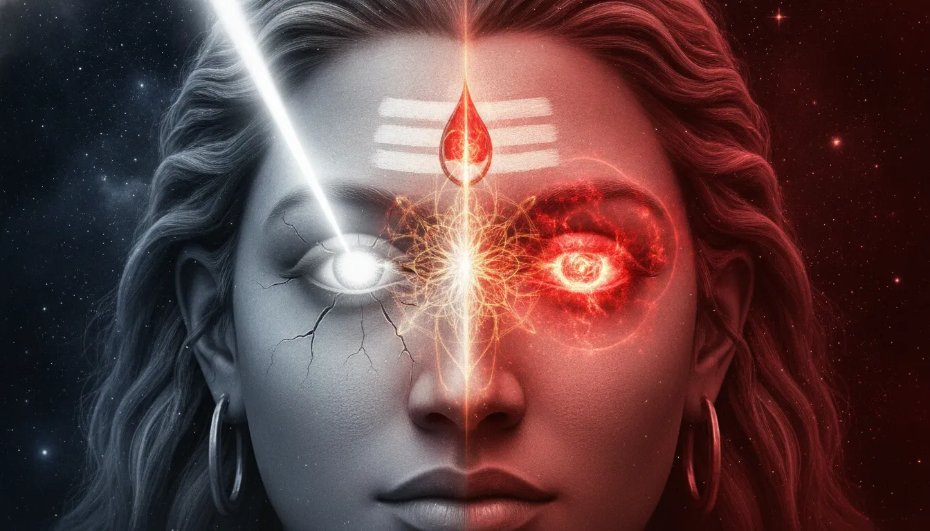 Center forehead of split Shiva and Parvati showing a glowing cosmic third eye