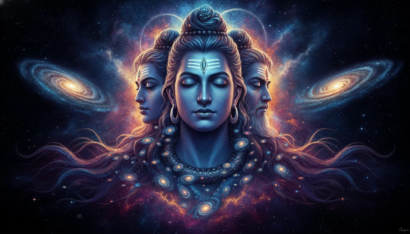 A celestial depiction of Lord Shiva with three faces surrounded by glowing nebulae and cosmic dust.