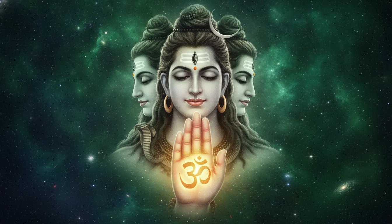 Lord Shiva raising his cosmic hand with a glowing golden Om symbol in a blessing gesture.