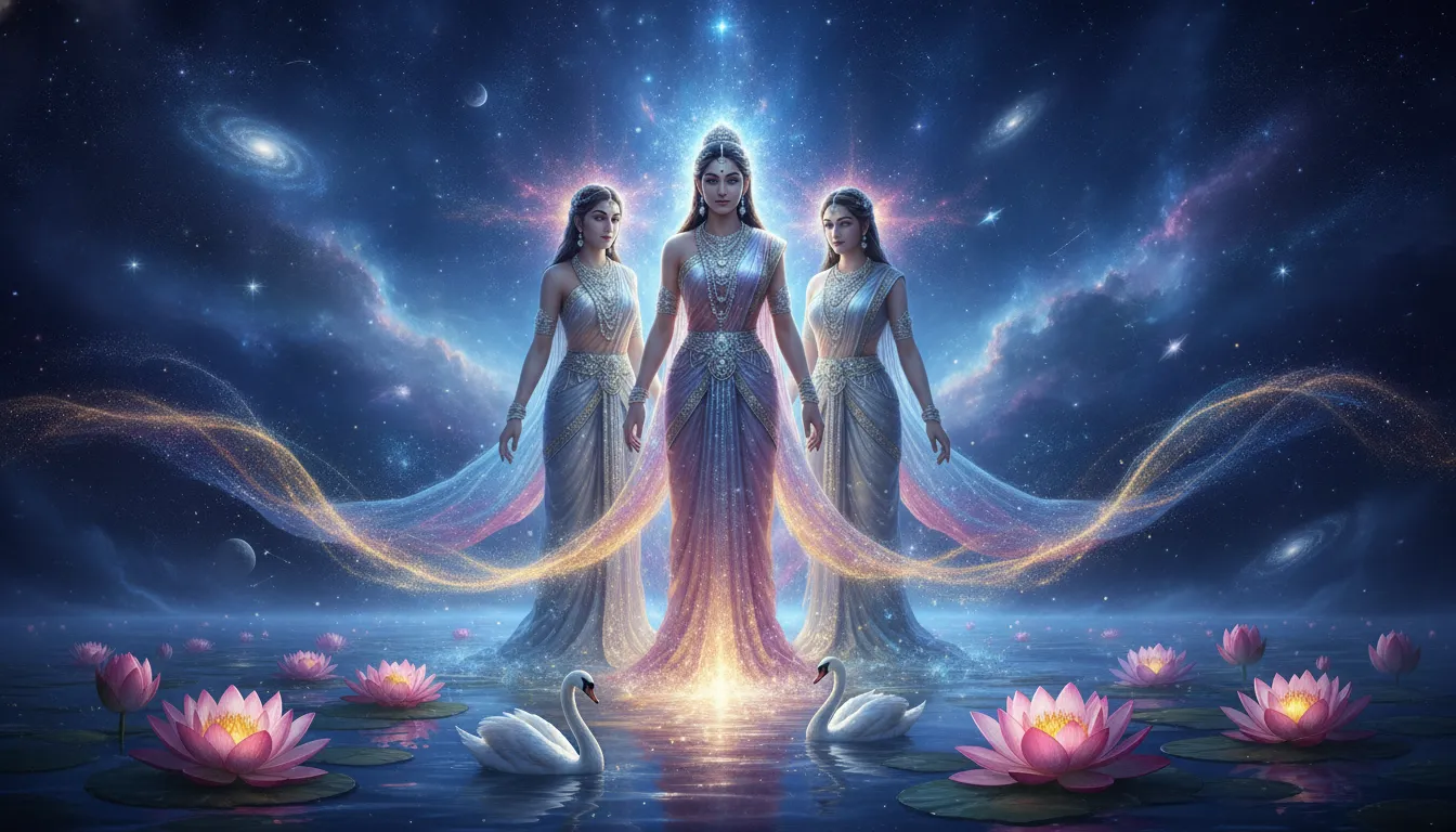 Spiritual digital artwork of three goddesses standing together surrounded by a cosmic blue and gold aura.