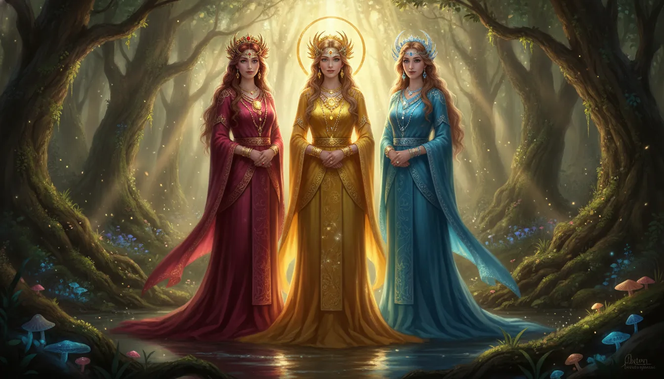 Digital artwork of three traditional Indian goddesses standing side by side in a lush sacred forest.