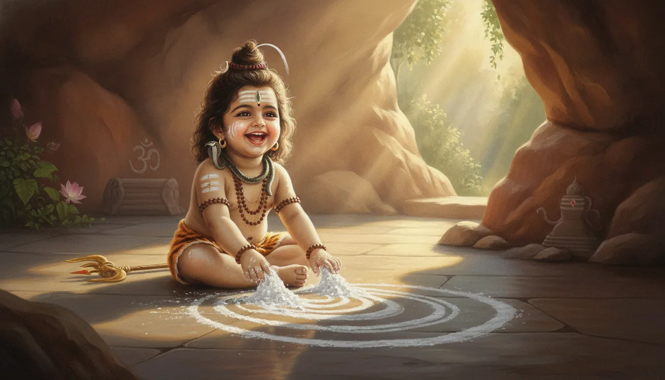 A cute toddler Shiva making designs on a cave floor using sacred white ash.