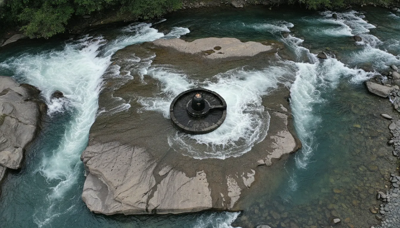 High angle aerial drone shot showing the river flowing around the sacred stone Shivling