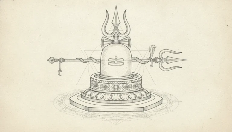 Traditional 2D line art illustration of Lord Shiva's Shivling with a crossed Trishul, showing detailed cultural engravings and sacred geometry.