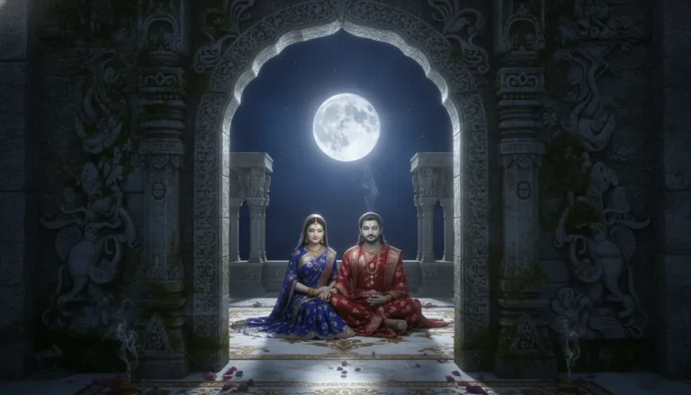 A divine couple framed by a decorated stone archway under a bright full moon night.