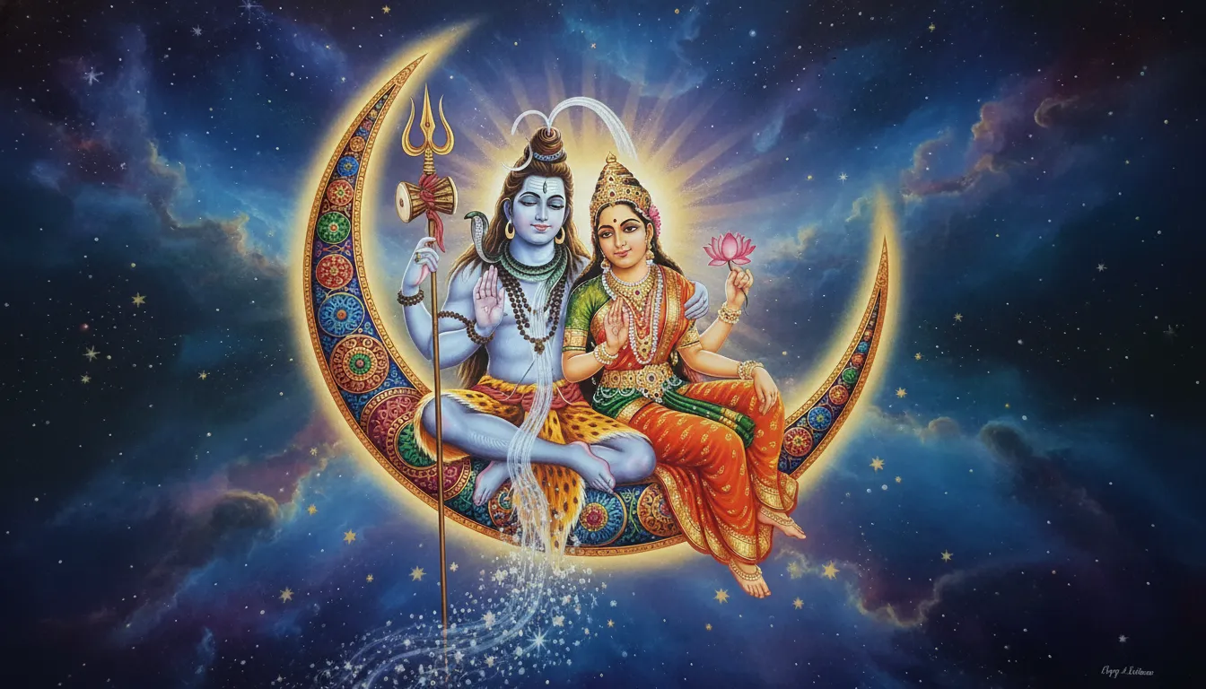 traditional indian style shiva parvati sitting on moon painting