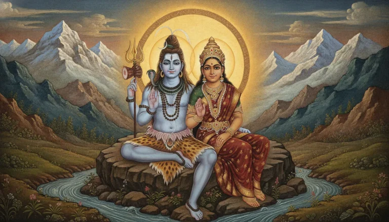Shiva and Parvati sitting on rocks with a glowing halo and mountain background
