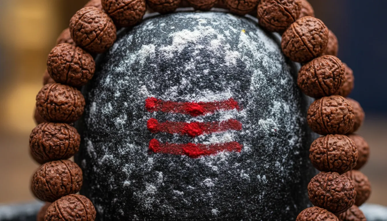 Detailed micro shot of a black stone shivling covered in sacred white ash and rudraksha beads.