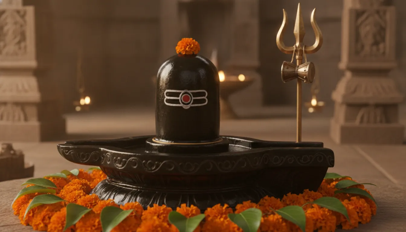 Full HD shivling images featuring a traditional black stone lingam with a metallic trishul in a temple setup.