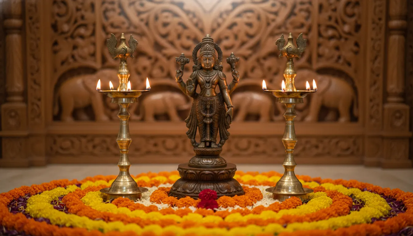A bronze Hindu deity statue flanked by traditional brass oil lamps and marigold flowers in a home temple shrine