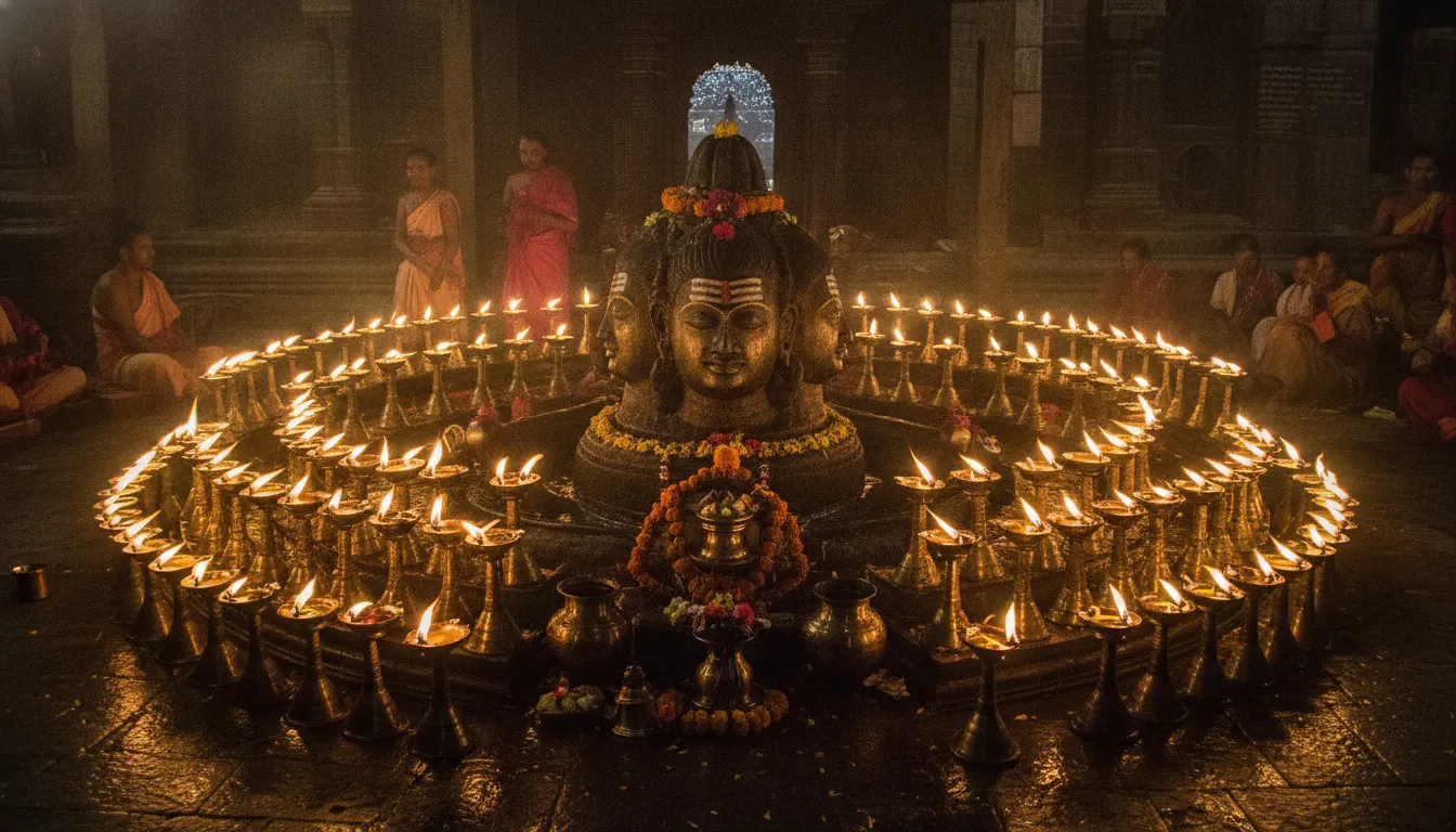 Atmospheric evening shot of Pashupatinath Shivling Nepal illuminated solely by rows of traditional brass oil lamps