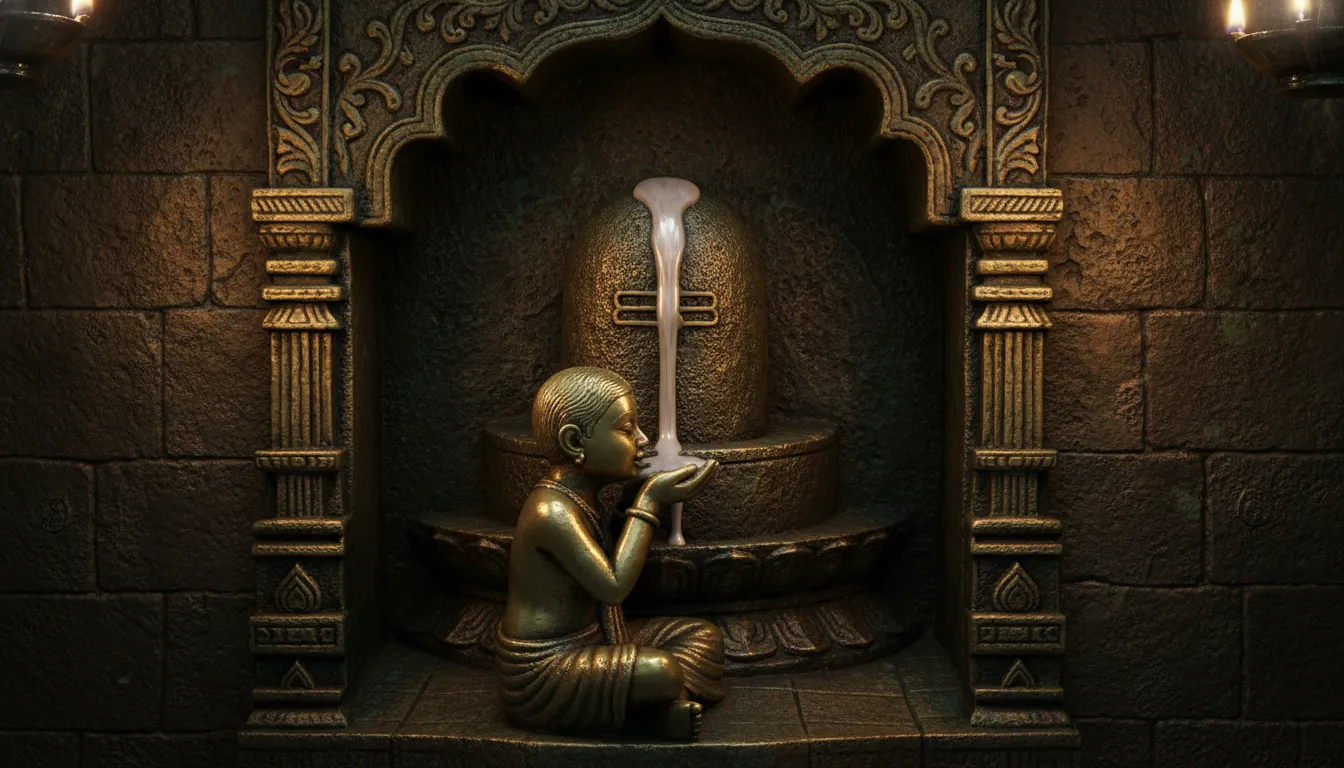 An ancient brass relief sculpture depicting a young child drinking milk flowing gracefully down from a traditional temple Shivling.