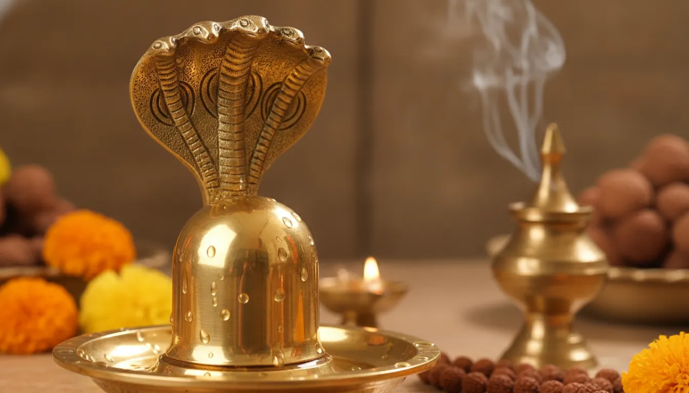 Polished golden brass Shivling with a protective Sheshnag carving