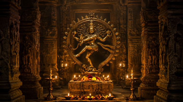 Antique bronze idol of Lord Shiva Nataraja inside a historic stone temple sanctum with oil lamps.