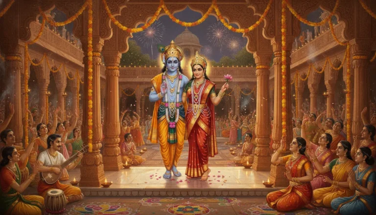 A vibrant painting of a divine couple standing in a traditional palace courtyard decorated with oil lamps and colorful garlands.