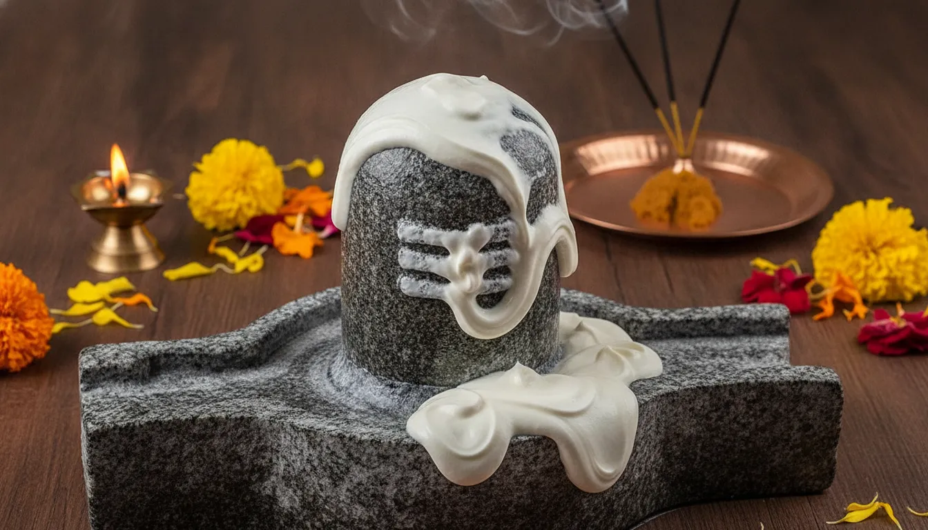 Sacred curd offering shown in high-quality HD shivling images original with abishakam process.