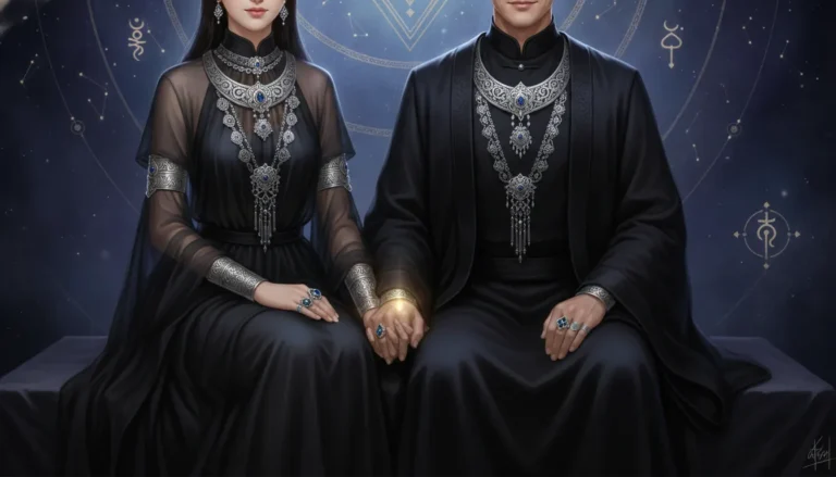 High detail illustration of a divine couple in layered traditional black clothing.