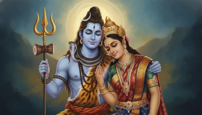 Traditional style digital painting of Shiva holding a trident with Parvati leaning closer in devotion.