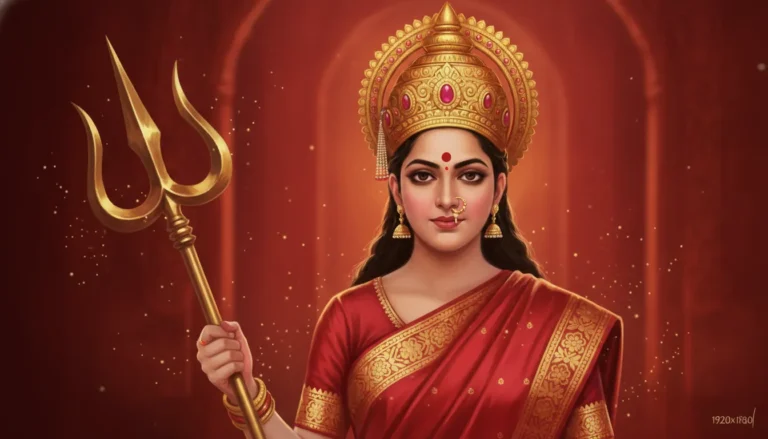 Traditional style digital painting of a fierce goddess wearing a golden crown and holding a trishul.