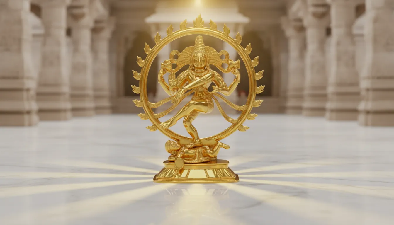 A highly glossy polished gold Nataraja statue reflecting temple lights on a marble floor.