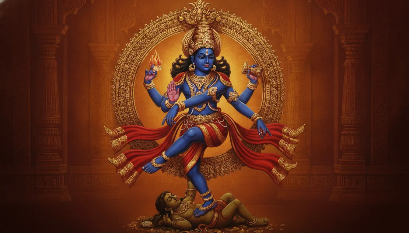 A traditional Indian style Nataraja art featuring royal blue skin, gold ornaments, and a classic red background.