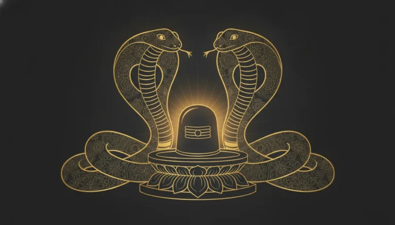 Traditional golden dual snake with shivling vector image featuring symmetrical cobras on a dark background.