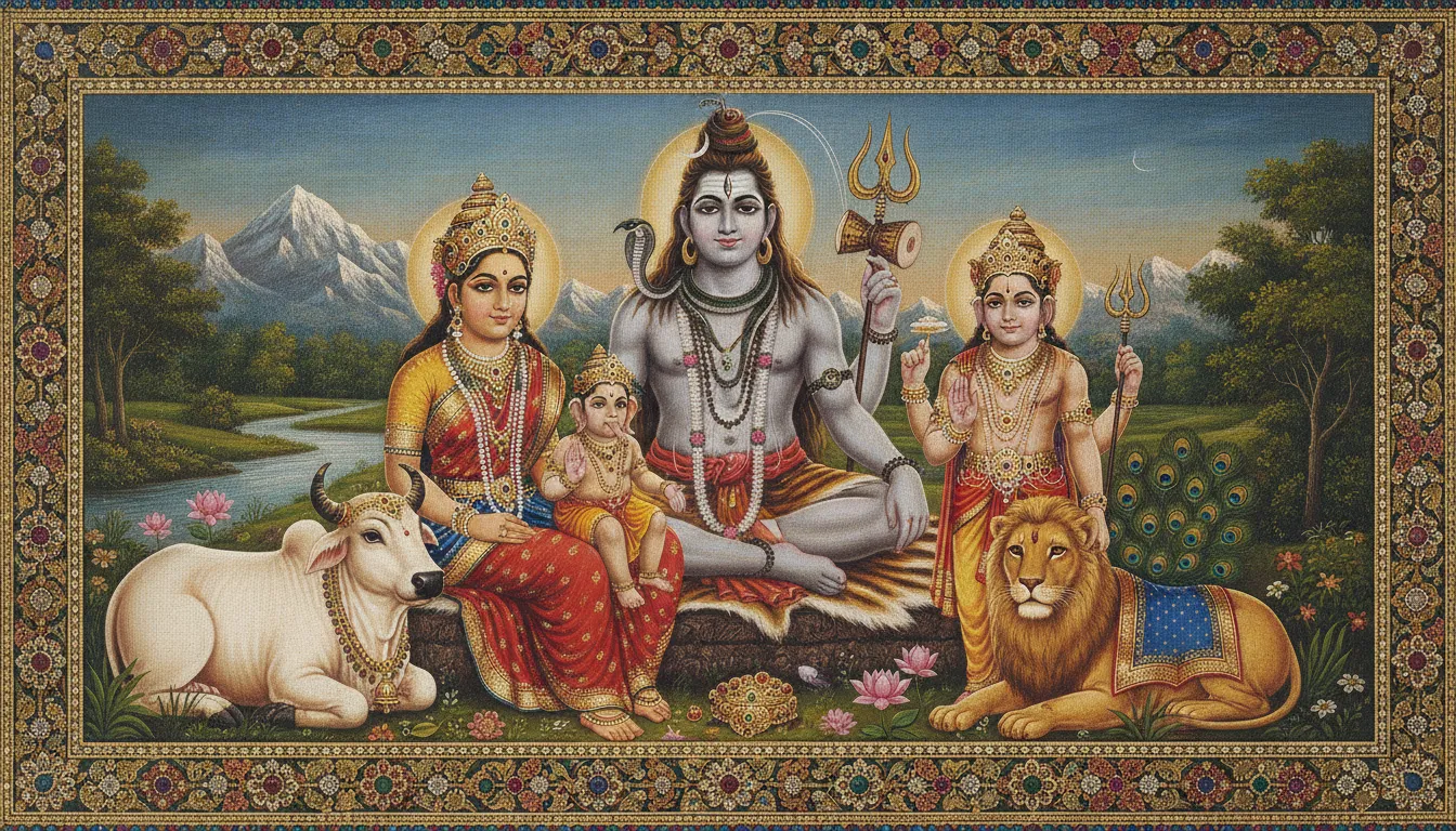 Classic Tanjore style painting of Lord Shiva family with golden foil work